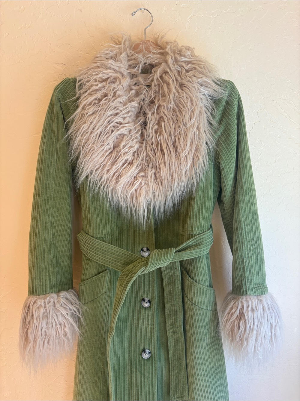 Urban Outfitters Tasha Coat Corduroy Faux Fur Trim Belted Jacket Boho Penny Lane - Picture 2 of 9